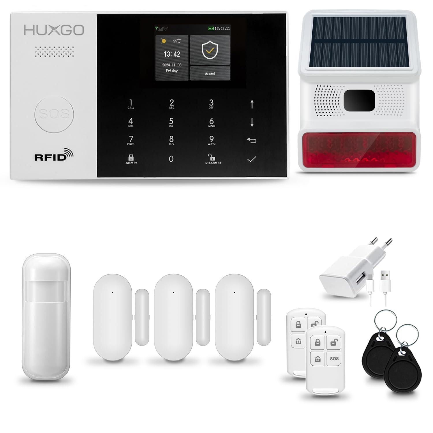 HXA005 System alarmowy domowy WiFi + GSM 4G, syrena solarna bezprzewodowa |Aplikacją Tuya Smartlife, 1x czujnik ruchu PIR, 3x czujnik drzwi | Sterowanie z telefonu