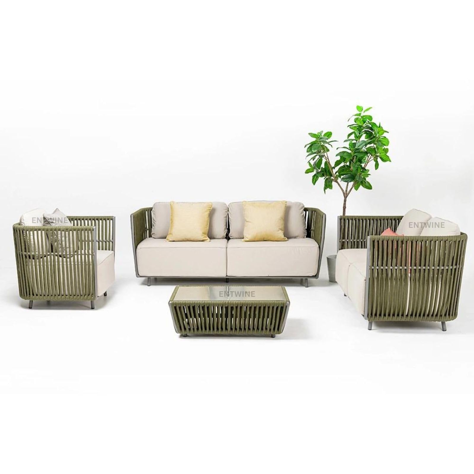 ENTWINE Outdoor 6 Seater Sofa Set || Balcony Sofa || Patio Furniture Sets || Conversation Sets || Braid & Rope Garden Sofa Set and Center Table (Dark Green+ Beige)-image-18