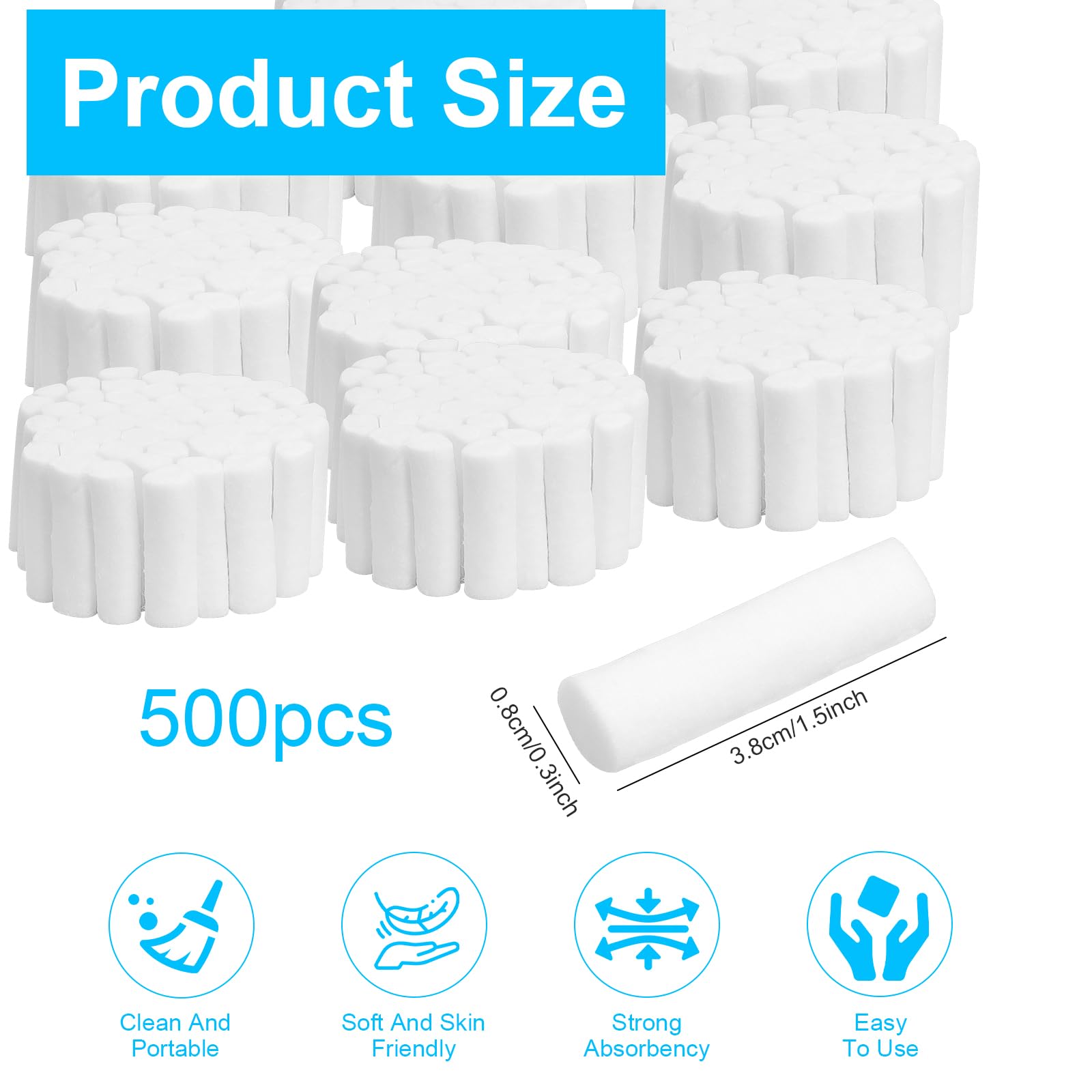 500pcs 8 * 38mm Tampone Monouso in Cotone, Forte Assorbente, Flessibile E Non Facile Da Rompere, Riduce I Traumi Dei Tessuti Molli, Forniture Orali Per Uso Quotidiano