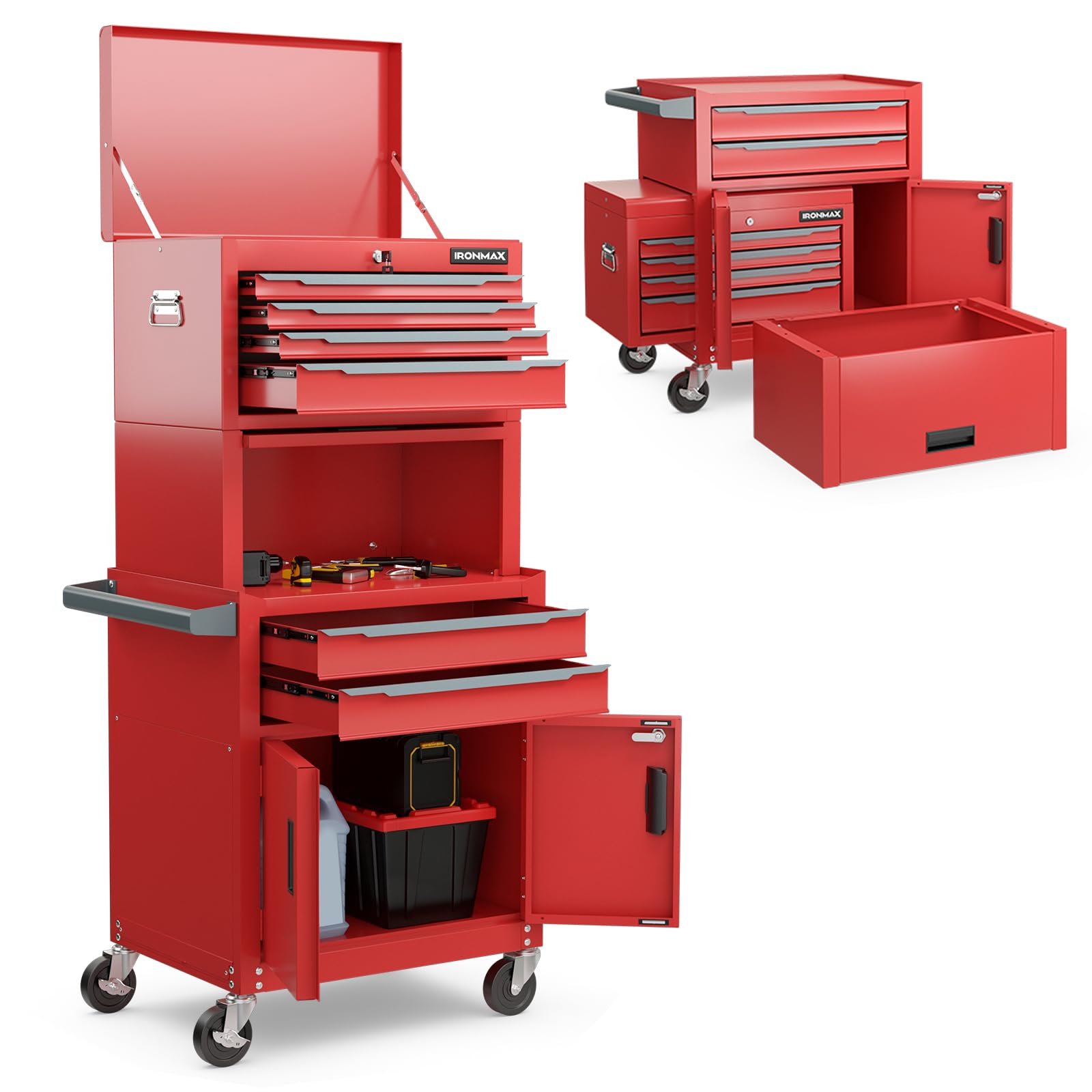 IRONMAX Rolling Tool Chest, 2-in-1 Widened Heavy Duty Steel 6-Drawer Tool Cabinet with Lockable Top Toolbox & 4 Universal Wheels, Detachable Tool Box Organizer for Garage Warehouse Repair Shop, Red
