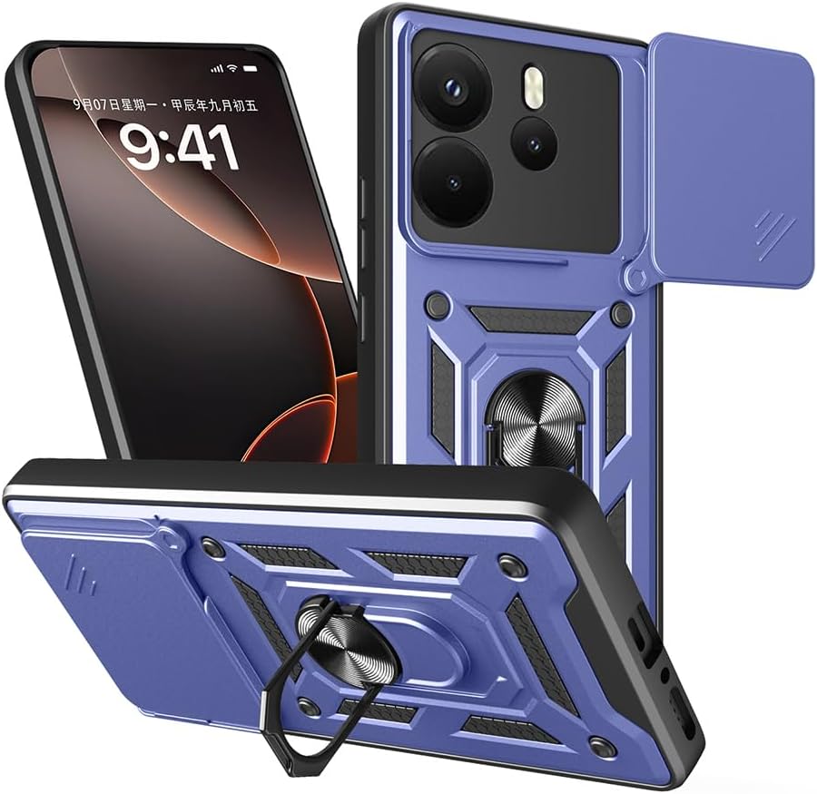 Zore Xiaomi ile uyumlu Redmi Note 14 Kılıf Magnetik Standlı Kamera Korumalı Zore Sürgülü Vega Kapak Mavi