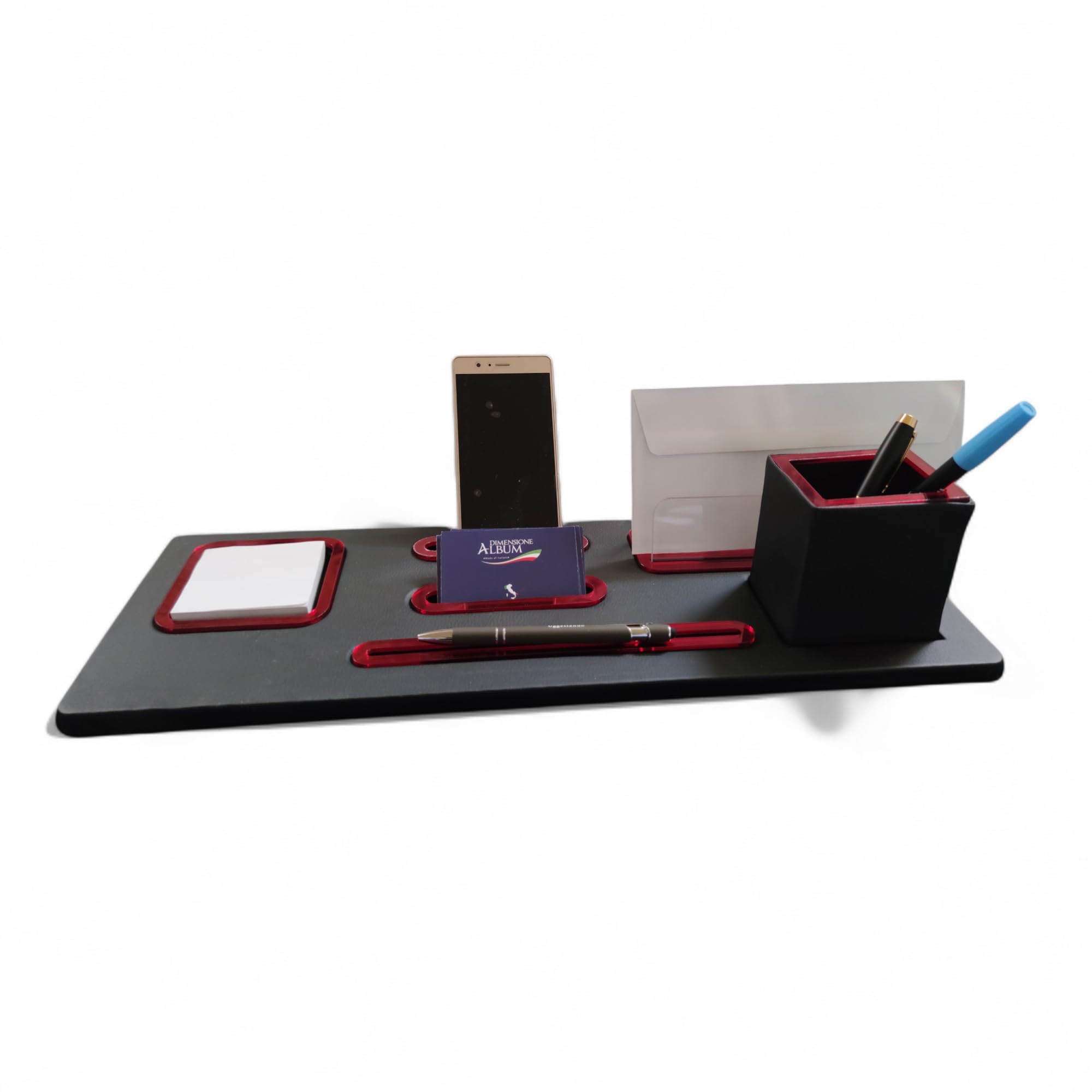 oggettando Set Scrivania, 5in1 Organizer Scrivania con Sup. smartphone, Portalettere, Porta bigliett, Portacarte ades, Bicchiere portapenne, Sup. penna, Portafoto Ufficio e Casa (ACRILICO ROSSO)