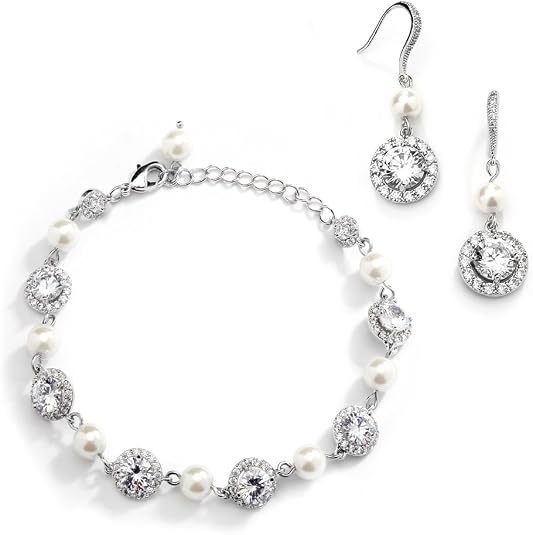 Mariell Ivory Pearl & Round CZ Bridal Bracelet & Earrings Set - Wedding Jewelry Sets for Bridesmaids: Buy Online at Best Price in UAE