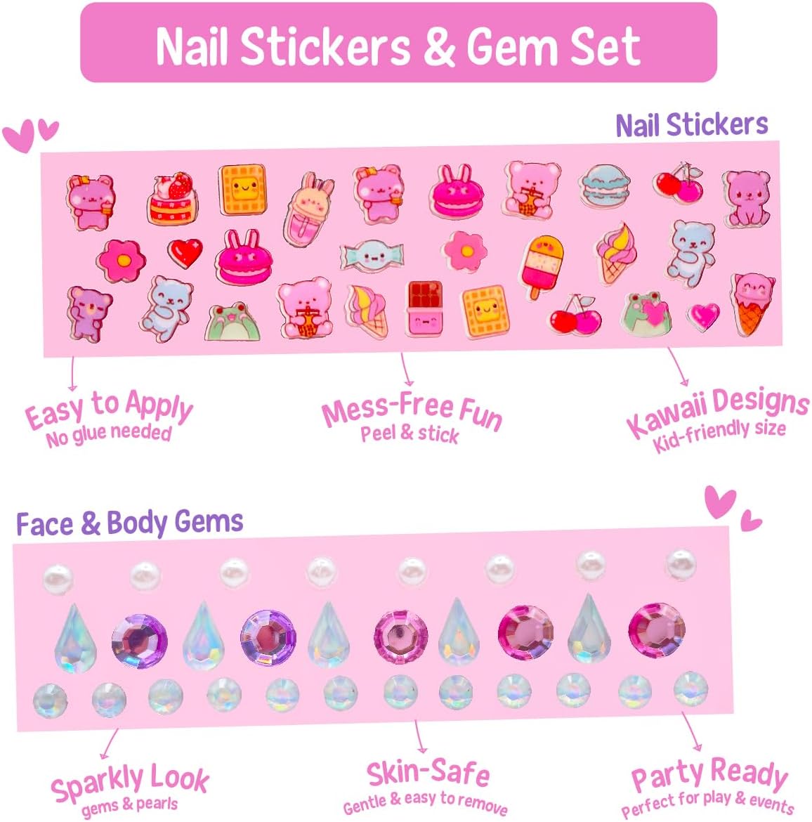 Hot Focus | Critter Pals Beauty Set for Girls – Press-On Nails, Fruity Lip Balm, Nail Stickers & Face/Body Gems, Fun Non-Toxic Kids Makeup & Accessories Kit (Sweet Beauty)