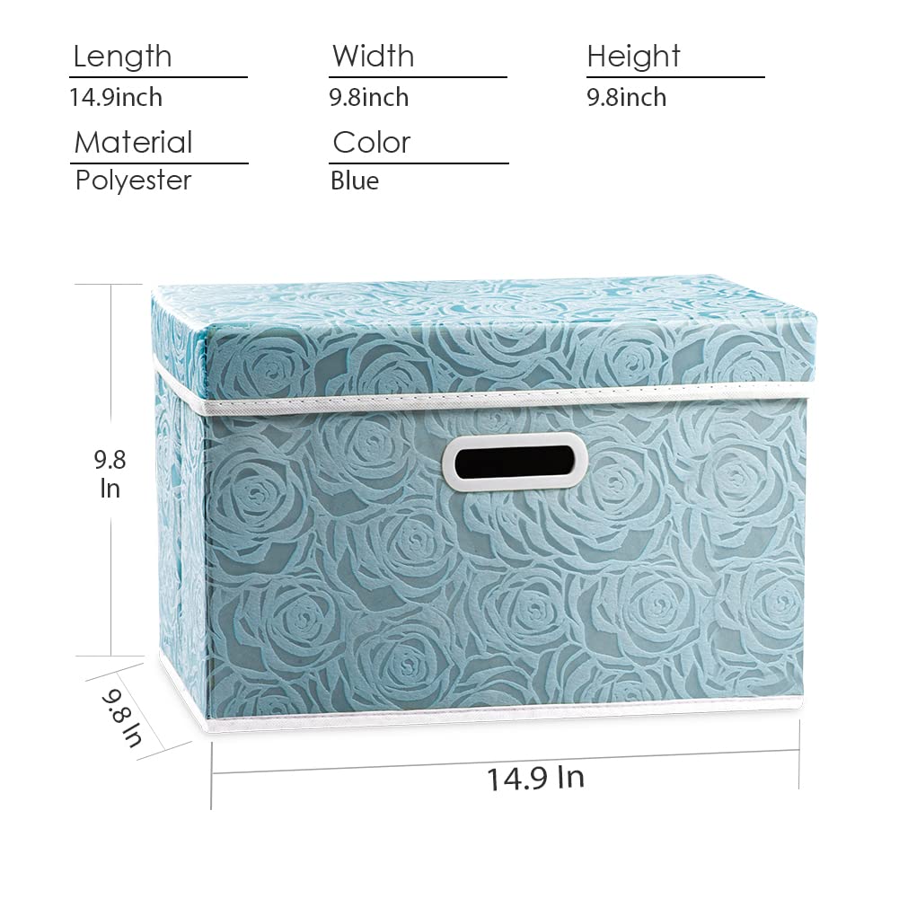 PRANDOM Aufbewahrungsbox mit Deckel,Rosenmuster Stoff Aufbewahrungskörbe,Dekorative Stapelboxen,Würfel,Faltbare Organizer,Boxen,Behälter,Blau(3 Stück) 38x25x25cm,Schlafzimme,Schrank | Faltbare Stoff Dekorative Aufbewahrungsbox, Würfel Organizer Behälter K