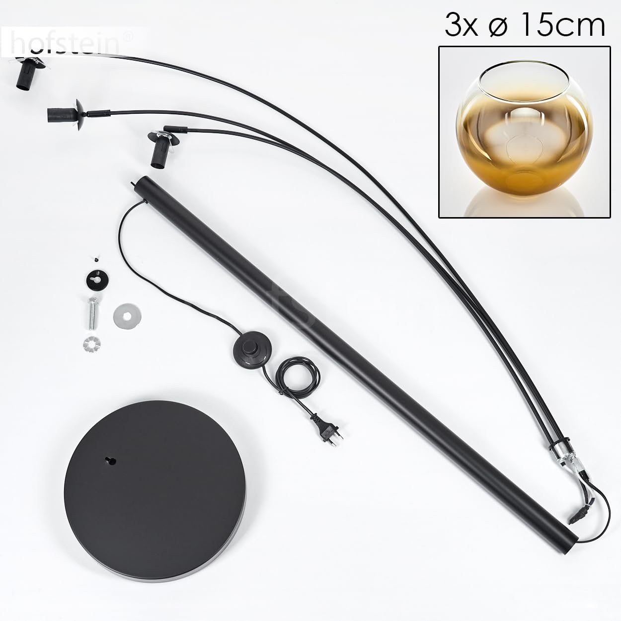 Stehleuchte Koyoto, Stehlampe aus Metall/Glas in Schwarz/Goldfarben/Klar, Leuchte im modernen Retro/Vintage-Design mit Schirmen aus Glas (Ø 15cm) u. Fußschalter, Höhe 210cm, 3 x E14, ohne Leuchtmittel