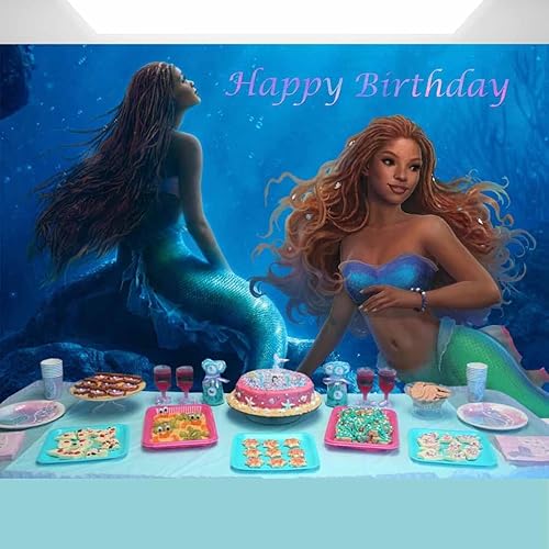 Miniatura 2 de Telón de fondo de cumpleaños de sirena de Ariel negro 2023 bajo el mar, fondo de película para mesa de pastel, 7 x 5 pies, 164