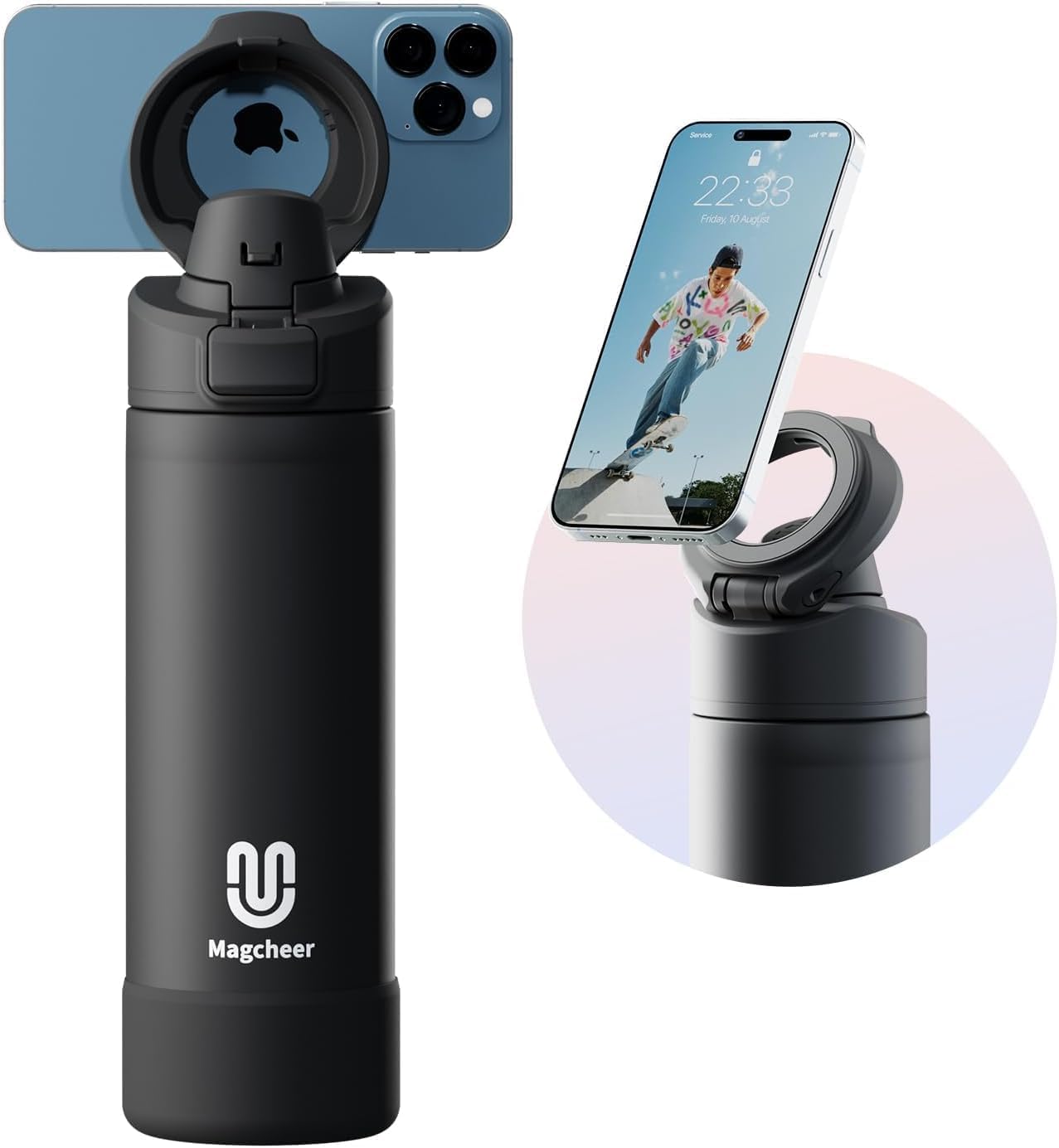 Insulated Magnetic Water Bottle - Reusable Stainless Steel Bottle with MagSafe Compatible Phone Holder - Keeps Cold for 24 Hours - Perfect for Gym, Sports, and Travel - Black 24oz Black 24 Ounces