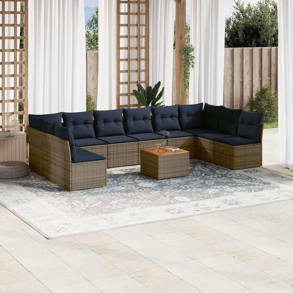 11-TLG. Set divano da giardino grigio polyrattan con tavolo in legno di acacia, 55 x 55 cm, cuscino blu navy, modulare per piccoli balconi, terrazze, giardini, lounge