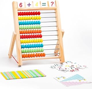 Wooden Counting Abacus, 10-Row Wooden Frame Abacus with Multi-Color Beads, Number Alphabet Cards, Manipulative Math Calculating Tool Preschool Math Learning Toy for Kids Toddlers