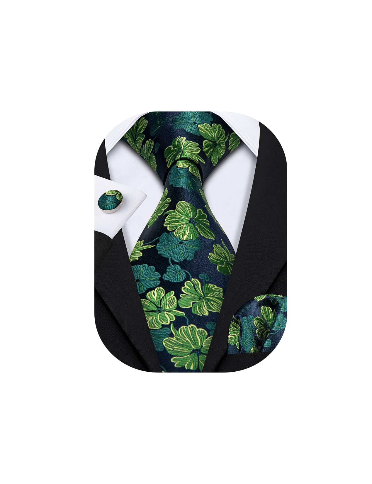 Barry.Wang Green Flower Ties Silk Necktie Handkerchief Cufflinks Wedding