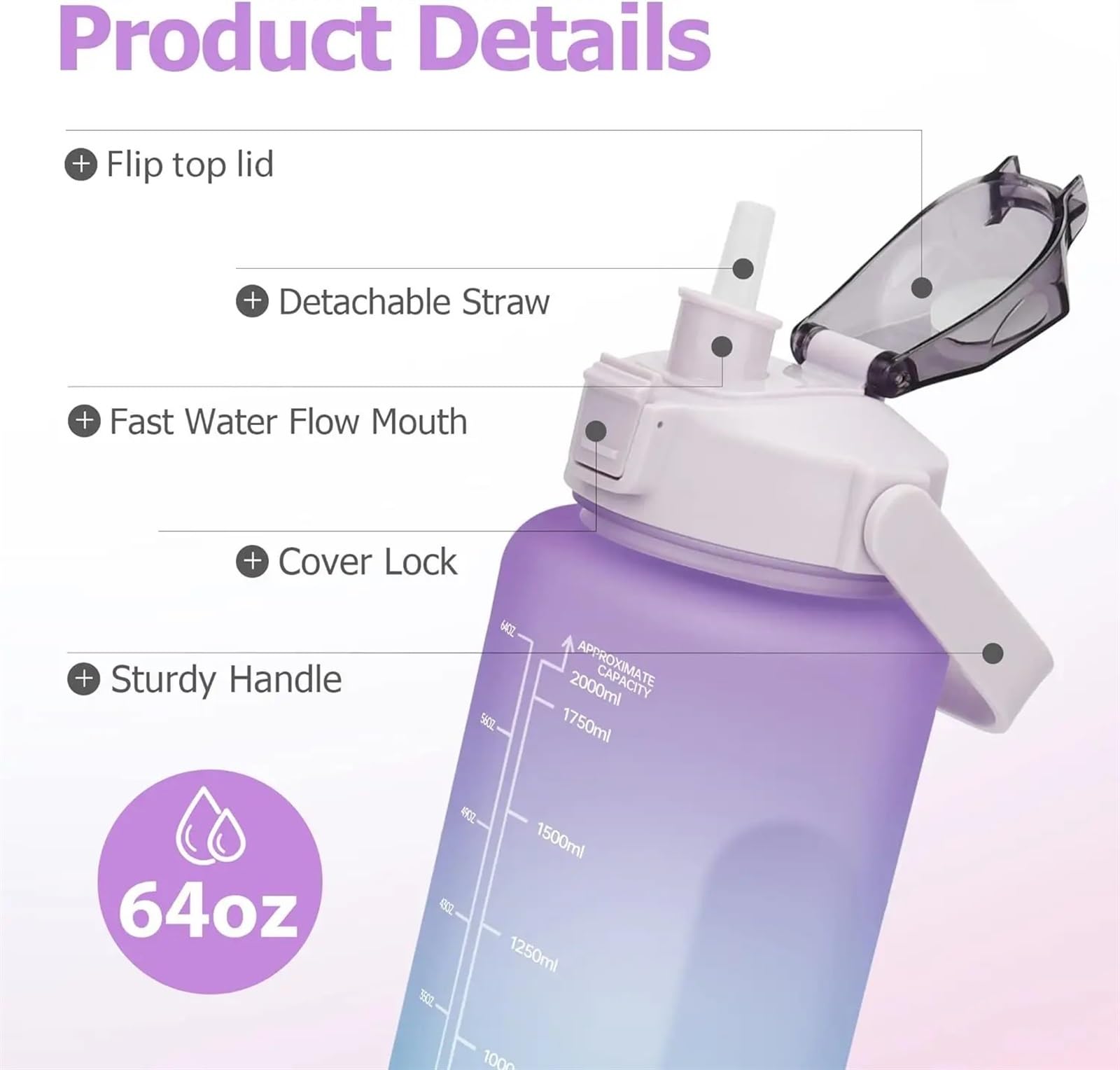 Sportflasche 2L Water Bottle with Straw Large Capacity Sports Portable Drinking Bottles with Time(Pink)