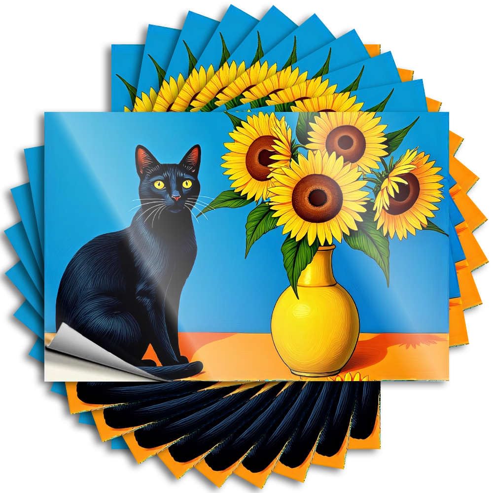Outdoor Decorations for Patio Decals - Custom Beer Hat A Black Cat Sits Beside A Yellow Vase Filled with Sunflowers(12X18CM)