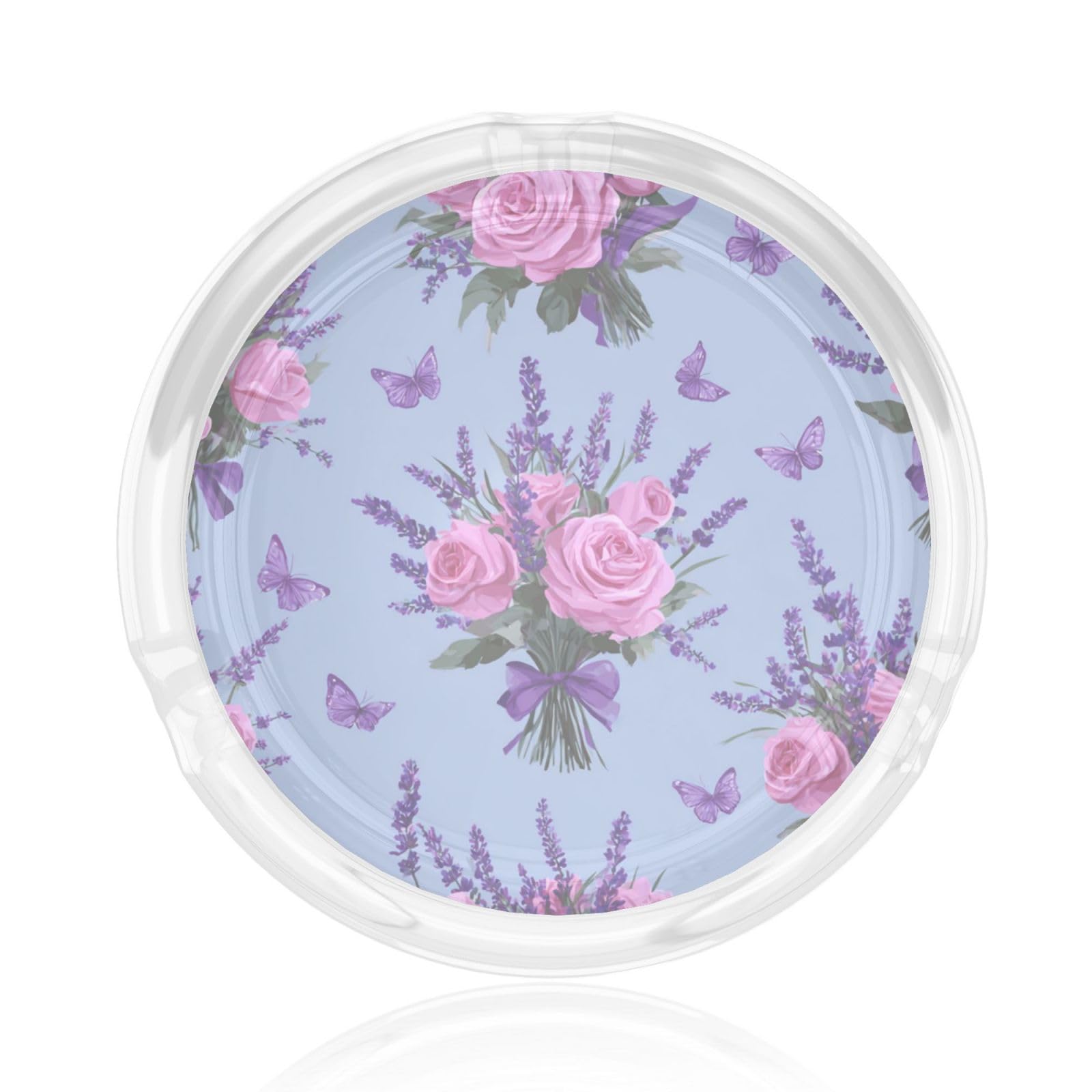 Pink Roses Lavender With Purple Ribbons Glass Ashtray For Cigarettes Ash Trays Case For Home Office Decor