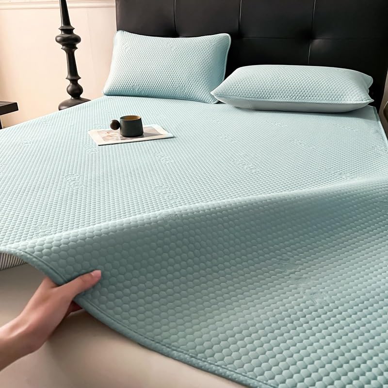 Coprimaterasso rinfrescante e antiscivolo, estivo, traspirante, in seta di ghiaccio, con 2 federe, morbido e lavabile, per chi dorme caldo durante la notte (blu, California King)