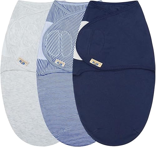 BlueSnail Manta ajustable de algodón para bebé, ultra suave con velcro para recién nacido (paquete de 3, 0-3 meses) (gris+azul marino+azul marino)