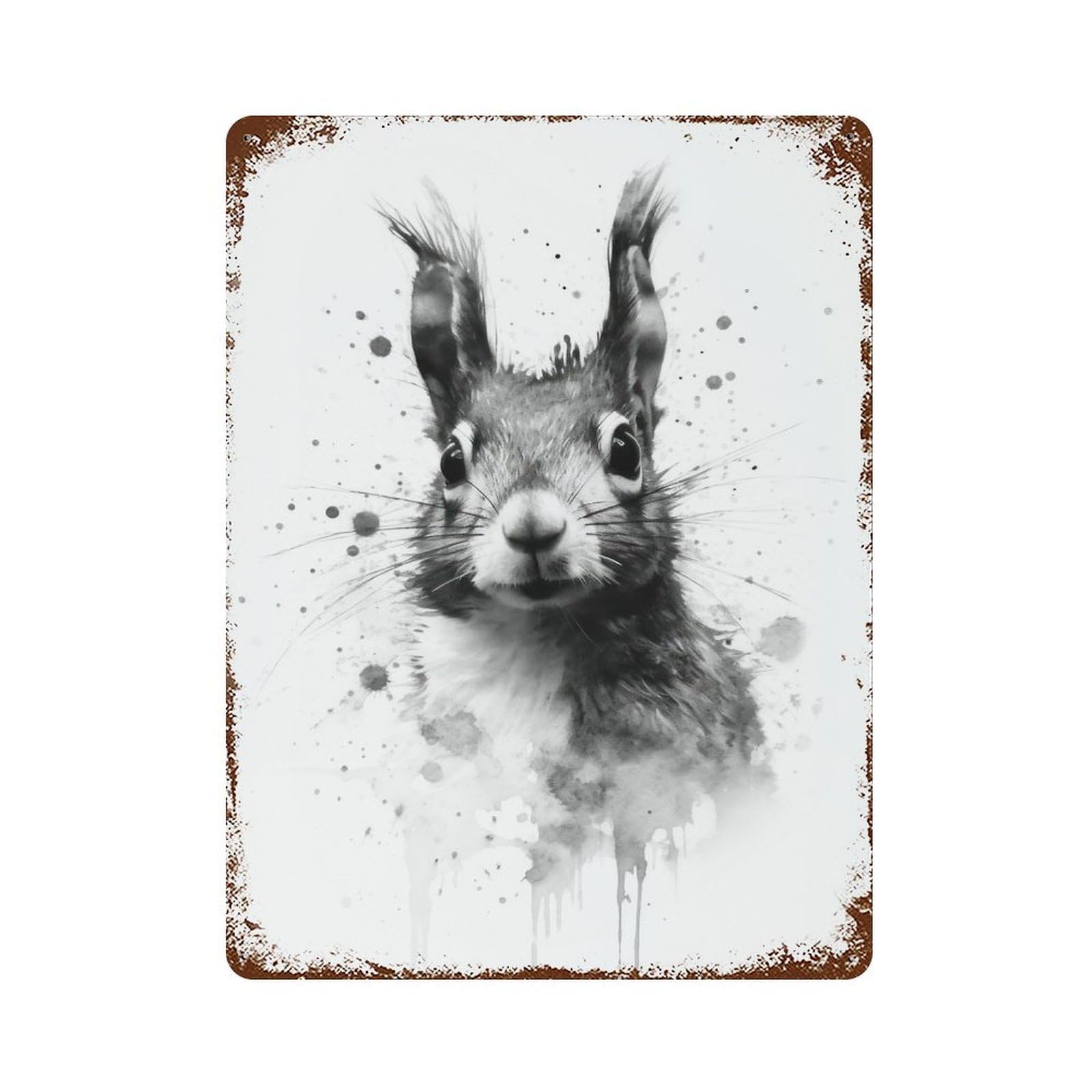 Weathered Tin Sign with Squirrel Beauty Watercolor Design 15.7"x11.8", for Basement, Hobby Room And Garage Decor, Industrial Home Decor