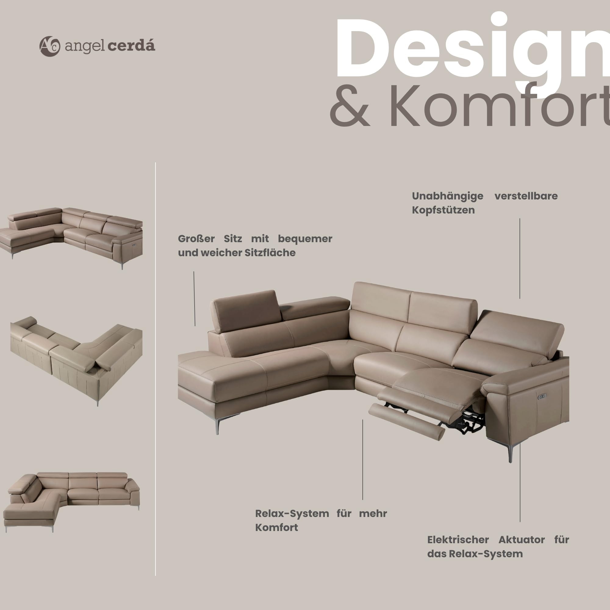 Angel Cerdá - Sofa Modern Ecksofa 5-Sitzer Links Leder Nerz