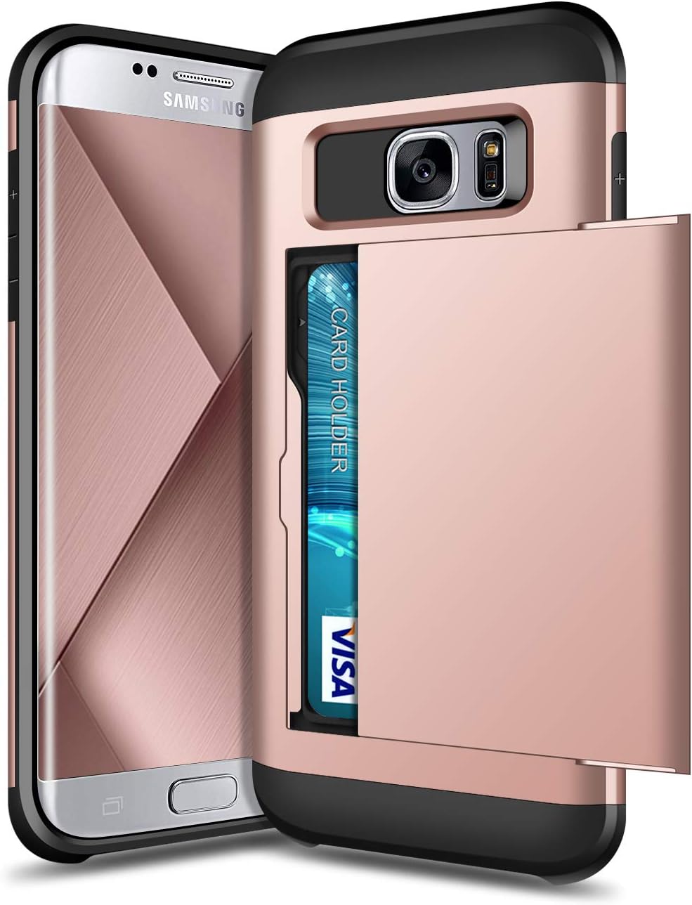 SAMONPOW Case for Samsung Galaxy S7 Edge Dual Layer Protective Shell Galaxy S7 Edge Wallet Case Hard PC Soft TPU Inner Rubber Bumper Card Slot Back Shockproof Cover for Galaxy S7 Edge Rose Gold