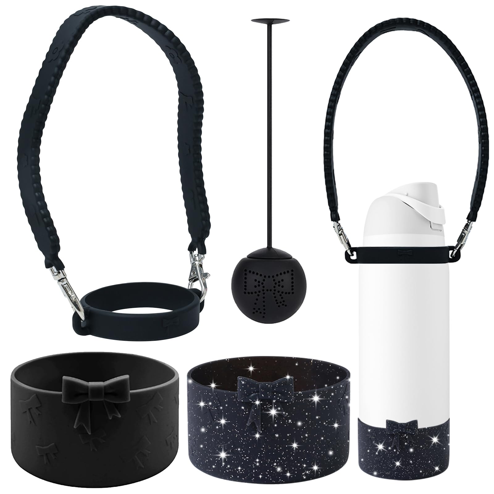 GAISHION Silicone Bow Water Bottles Accessories Set for Owala 32 oz Water Bottles,Including Silicone Water Bottle Handle Strap, Silicone Boots,Silicone Tea Strainer - Black — image 1