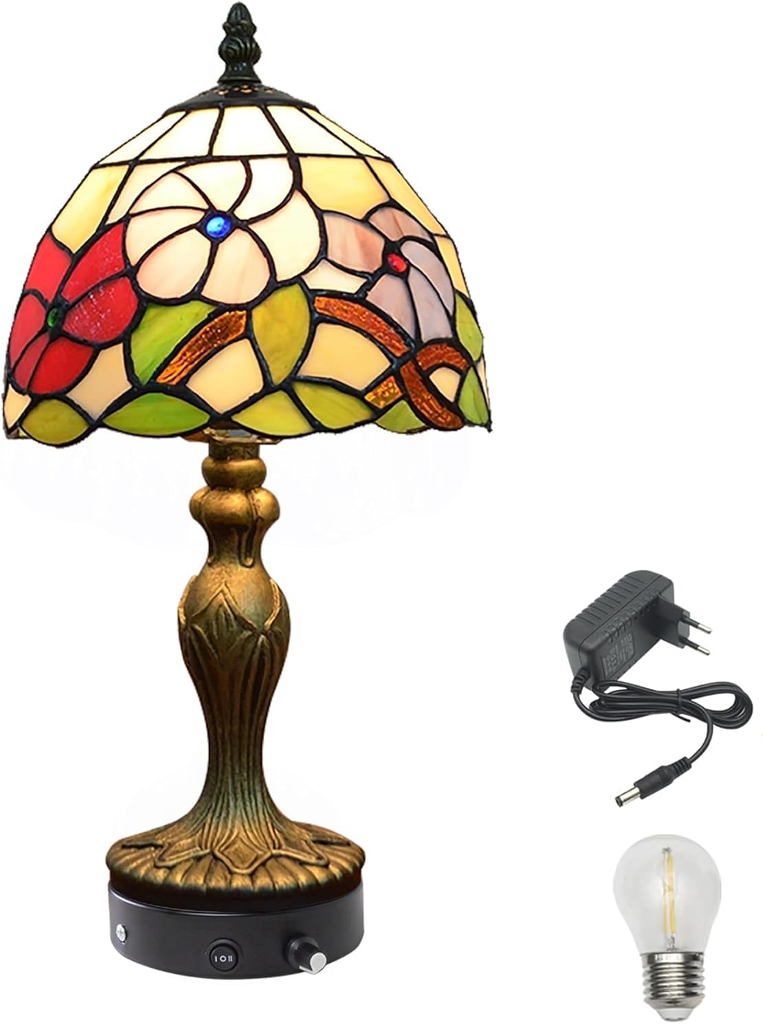 Tiffany-Stil Tischlampe Kabellos Warmweißes, Wiederaufladbar Tischleuchte, Dimmbar Nachttischlampe mit Glasschirm für Nachttisch Esszimmer Schlafzimmer -TD0769