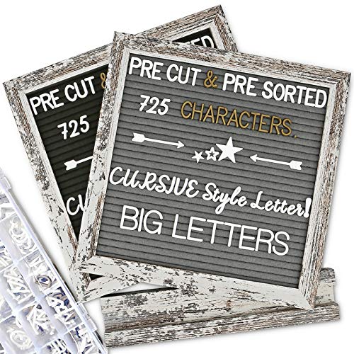 Double Sided Felt Letter Board with Rustic Wood Frame - Pre Cut & Sorted 725 White & Gold Letters with Stand, Cursive Style Letters, Big Letters, Letter Organizer, Tabletop Display.