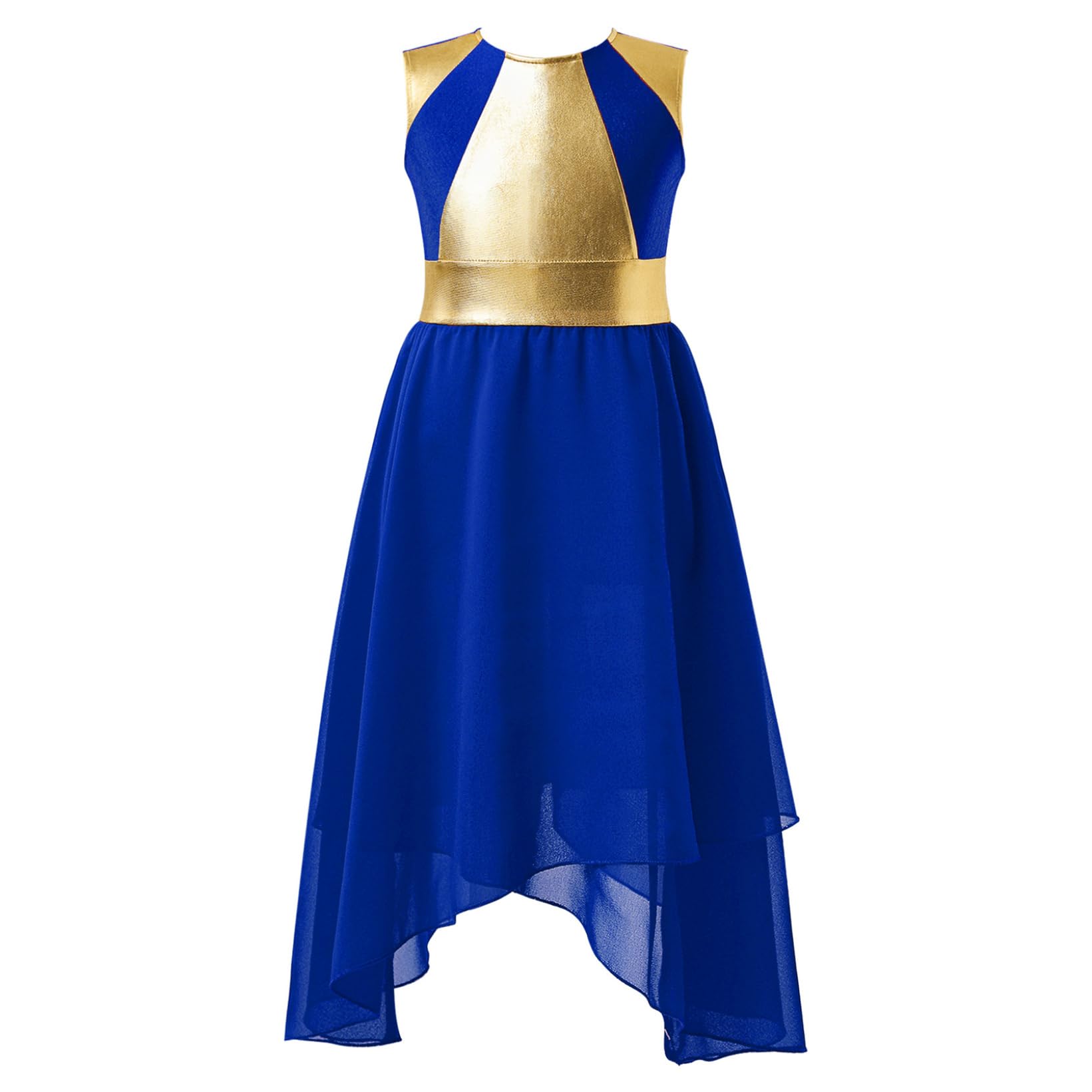 JanJean Girls Kids Praise Lyrical Dance Ballet Dress Sleeveless Metallic Asymmetrical Chiffon Liturgical Robe Costume Royal Blue 10 Years