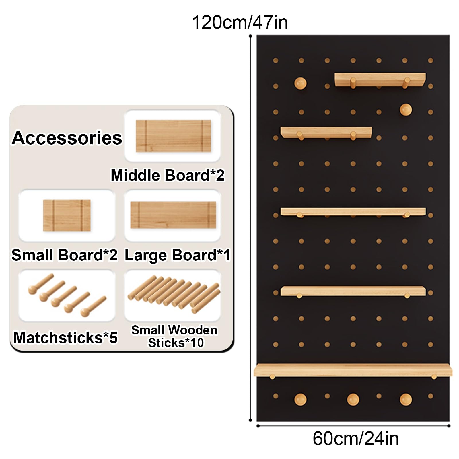 Rechteckige Lochwand aus Holz, Stecktafel-Kombinationsset, Wandmontiertes Organisationsregal für Zuhause, Büro, Bastelraum(Black)