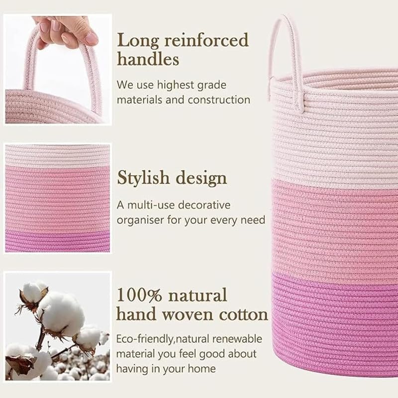 Image of Large Basket Natural Cotton Rope Storage Basket and Hamper for Cloths and Multi Usage in Living Room, Bedroom, Laundry Room (Size - 14 inch x 14 inch x 16 inch) (Pink Tiranga)