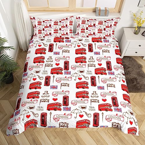 Homemissing Britisches Bettbezug-Set London, urbanes Bettwäsche-Set für Kinder, Jungen, Mädchen, Dekor, roter Bus, Bettdeckenbezug-Set, Mikrofaser, England-Flagge, Tagesdecke, Retro-Handyzelle,