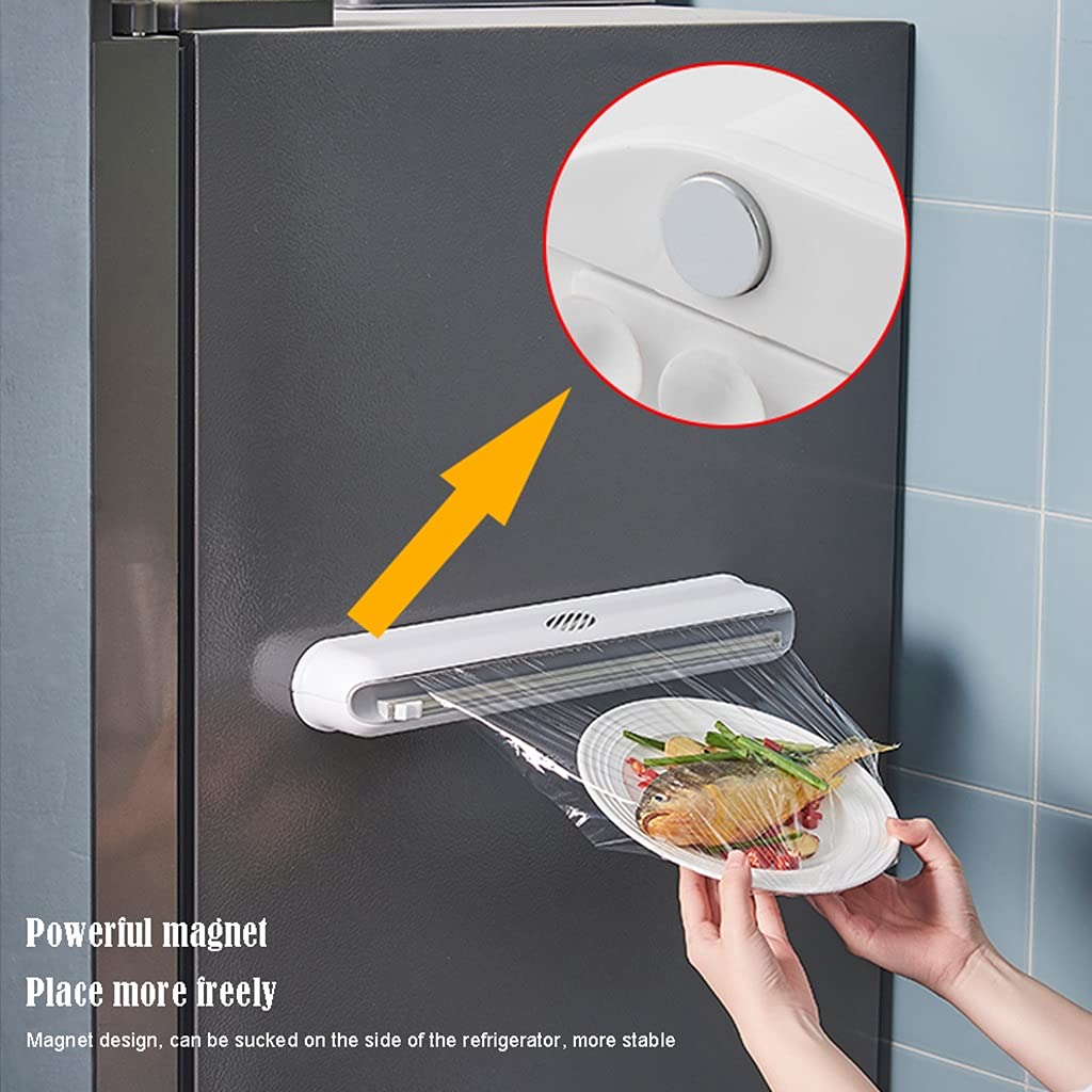 Dispensador y cortador de film transparente + 3 rollos de film plástico, bolsa para conservar la frescura de los alimentos, tapas selladas universales para cocina para cortar platos, cuencos y más