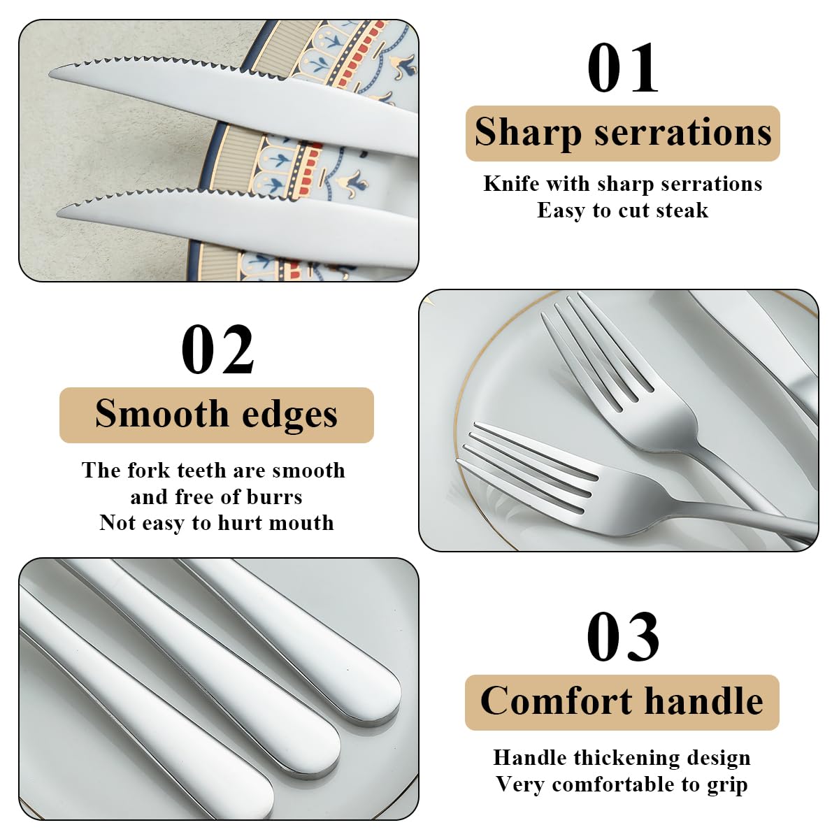 Evanda Set di coltelli da bistecca 24 pezzi, set 12 forchette in acciaio inox e 12 set coltelli da cena, coltelli da bistecca Forchette da bistecca, lavabile in lavastoviglie