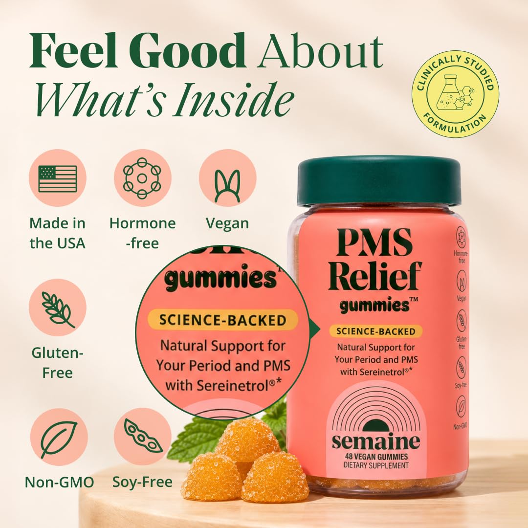Semaine PMS Relief for Women, Period Cramp Relief, Period Cramps, Menstrual Cramps, PMS Support Supplement for Women, Bloating and Mood, Mango Peach, 48 Gummies — Amazon image 7