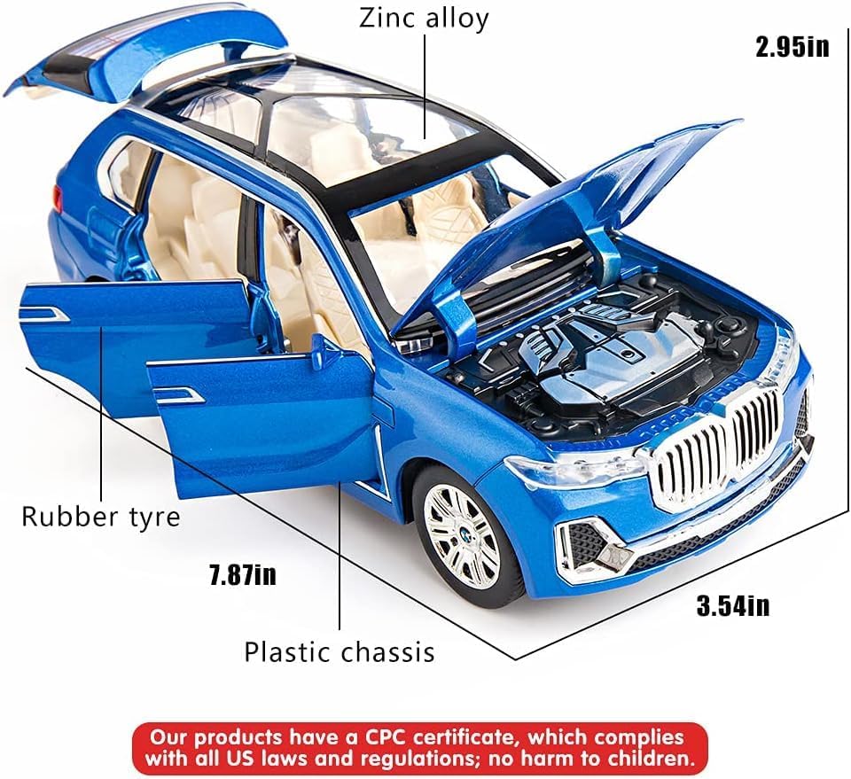 Image of 1:24 Scale Big Size BMW X7 Toy Car | Metal Pullback Diecast Car for Kids with Openable Doors, Sound, Light Effects Toy for Car Enthusiasts (Color As Per Available),black