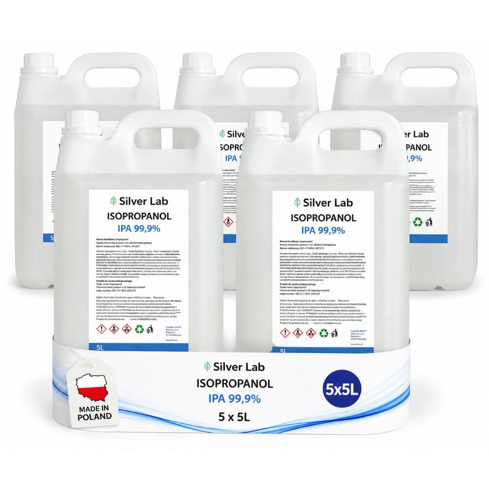 Silver Lab® Alcol Isopropilico/Isopropanolo 99,9% 5 x 5 L – Per la Pulizia di Elettronica, Circuiti Stampati, Vetro, Metallo e Ottica – 25 L Totali