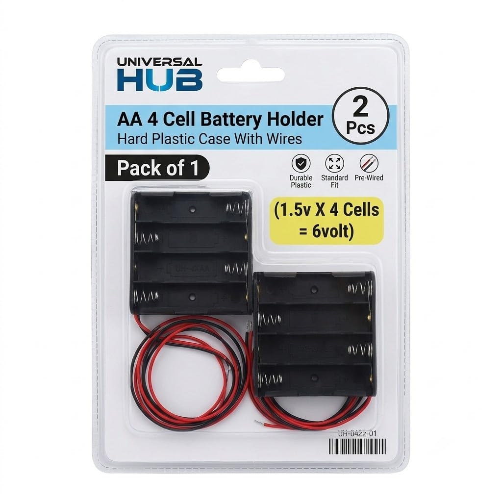 UNIVERSAL HUB 2 Pcs AA 4 Cell Battery Holder Hard Plastic Case with Wire Pack of 1 (1.5v X 4 Cells = 6volt) 1