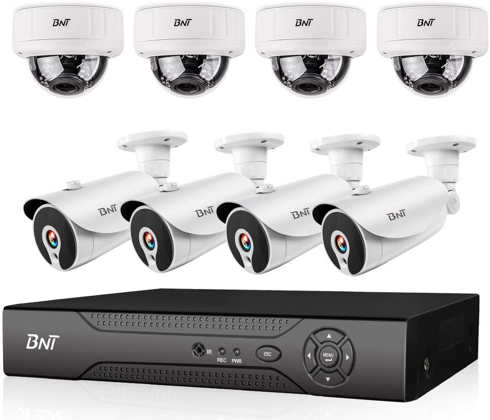 BNT 1080P 8CH PoE Security Camera System, 4pcs 4X Zoom Camera 4pcs IP Camera, 7/24 Recording, Free APP Remote View, Customize Motion Detect， IP67 Waterproof Indoor Outdoor, No Hard Drive