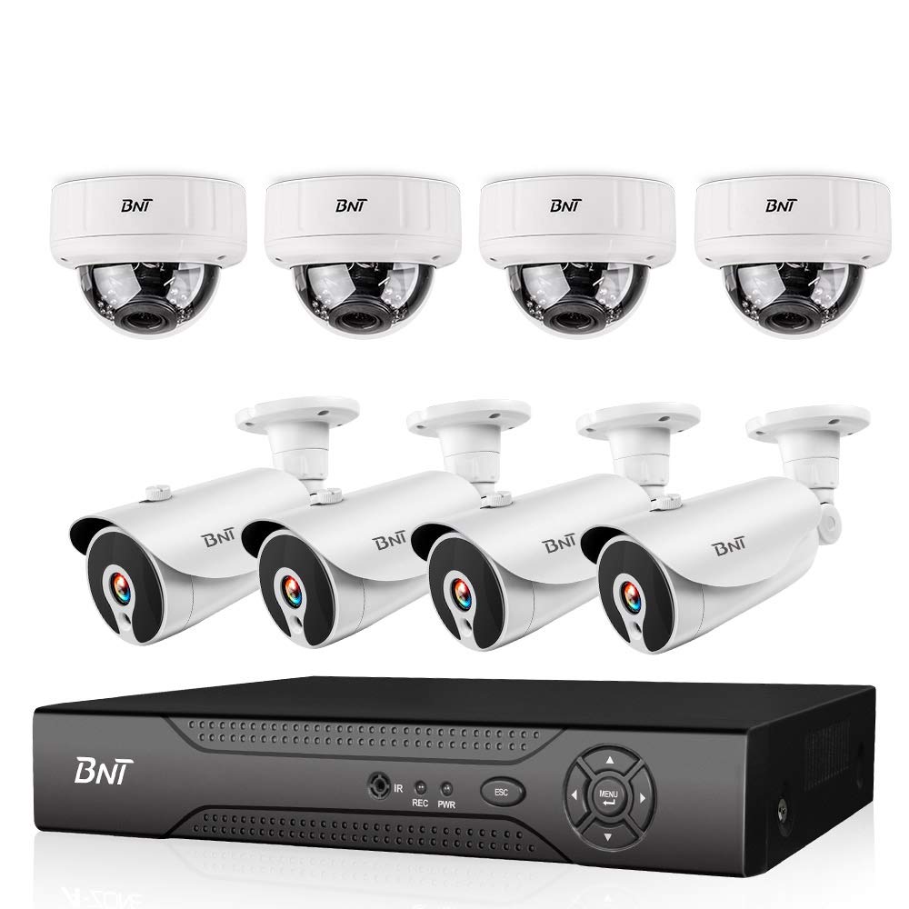 BNT 1080P 8CH PoE Security Camera System, 4pcs 4X Zoom Camera 4pcs IP Camera, 7/24 Recording, Free APP Remote View, Customize Motion Detect， IP67 Waterproof Indoor Outdoor, No Hard Drive