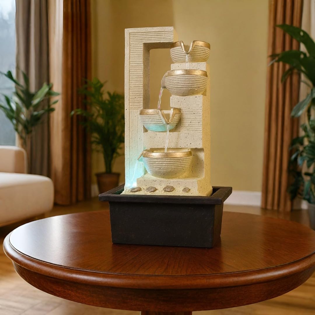 ALiLa Water Fall Fountain for Home Living Room Decor with Led Lights Table Top Indoor Outdoor Decoration Gift Gifting Item, 23 inches (OffWhite, 23 inches)