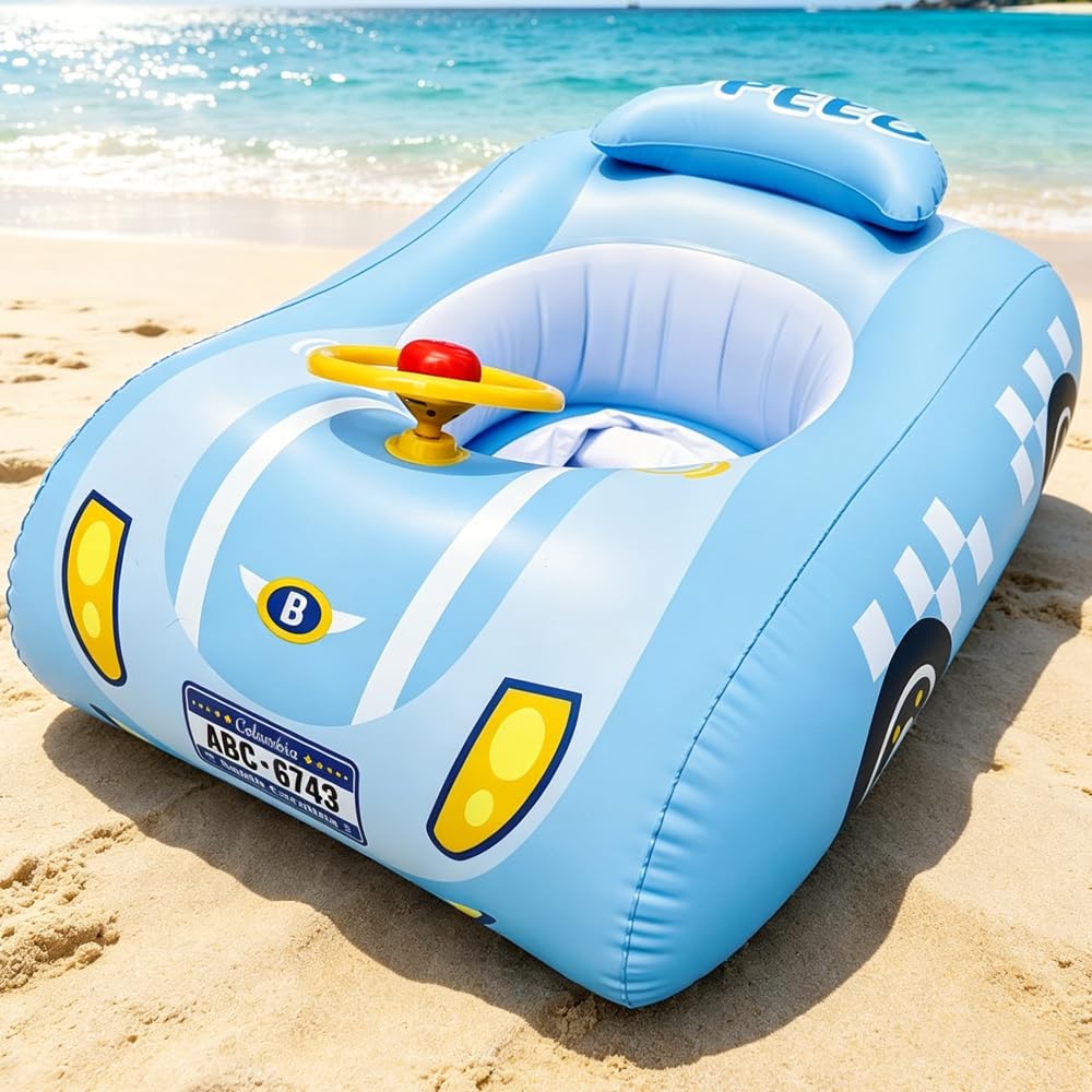 Baby Schwimmring mit Sonnendach, Schwimmring Baby mit Dach UPF50+, Sportauto mit Lenkrad, Leicht zu Transportieren, Schwimmhilfe Kinder 1-4 Jahre für Außenbereich, Strand, Garten
