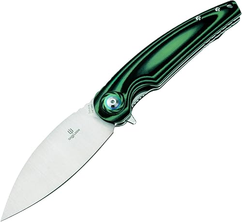 Bulbasaur - Cuchillo plegable de acero 14C28N de 3.66 pulgadas con acabado satinado, hoja verde G10 con clip de bolsillo, cuchillo para exteriores