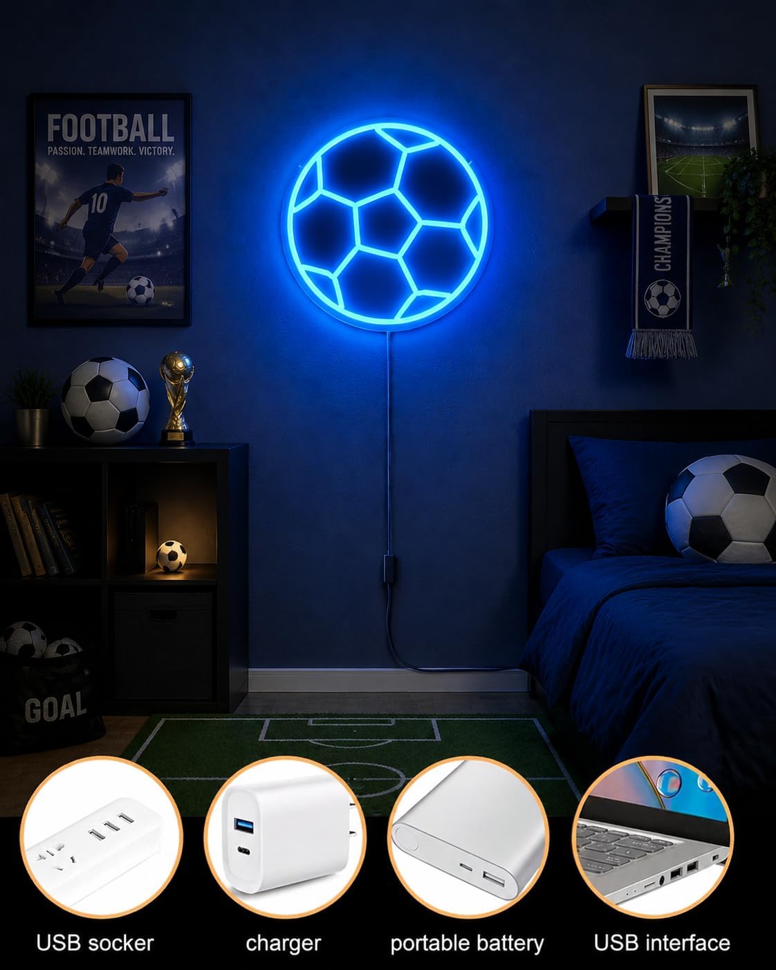 Soccer Neon Sign Birthday Decor Gifts for Boys 8-12 Bedroom Man Room Cave, Soccer Gift for Soccer Fans Kids Boys Dimmable Football LED Light for Wall Decor, USB Powered Sports Neon Lamp