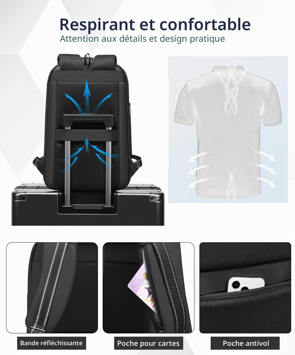 Sac à dos d'affaires pour homme 15,6" extensible et fin avec port de charge USB