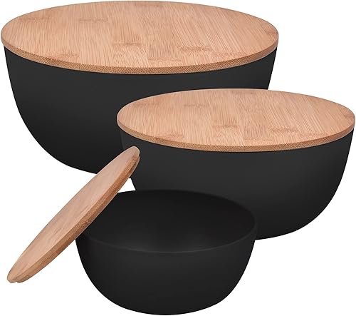 Miniatura 2 de Panghuhu88 Tazón de ensalada con tapa, juego de 3 (7 + 8.8 + 11 pulgadas) cuencos para servir con cubierta de bambú, tazón de fibra de bambú para