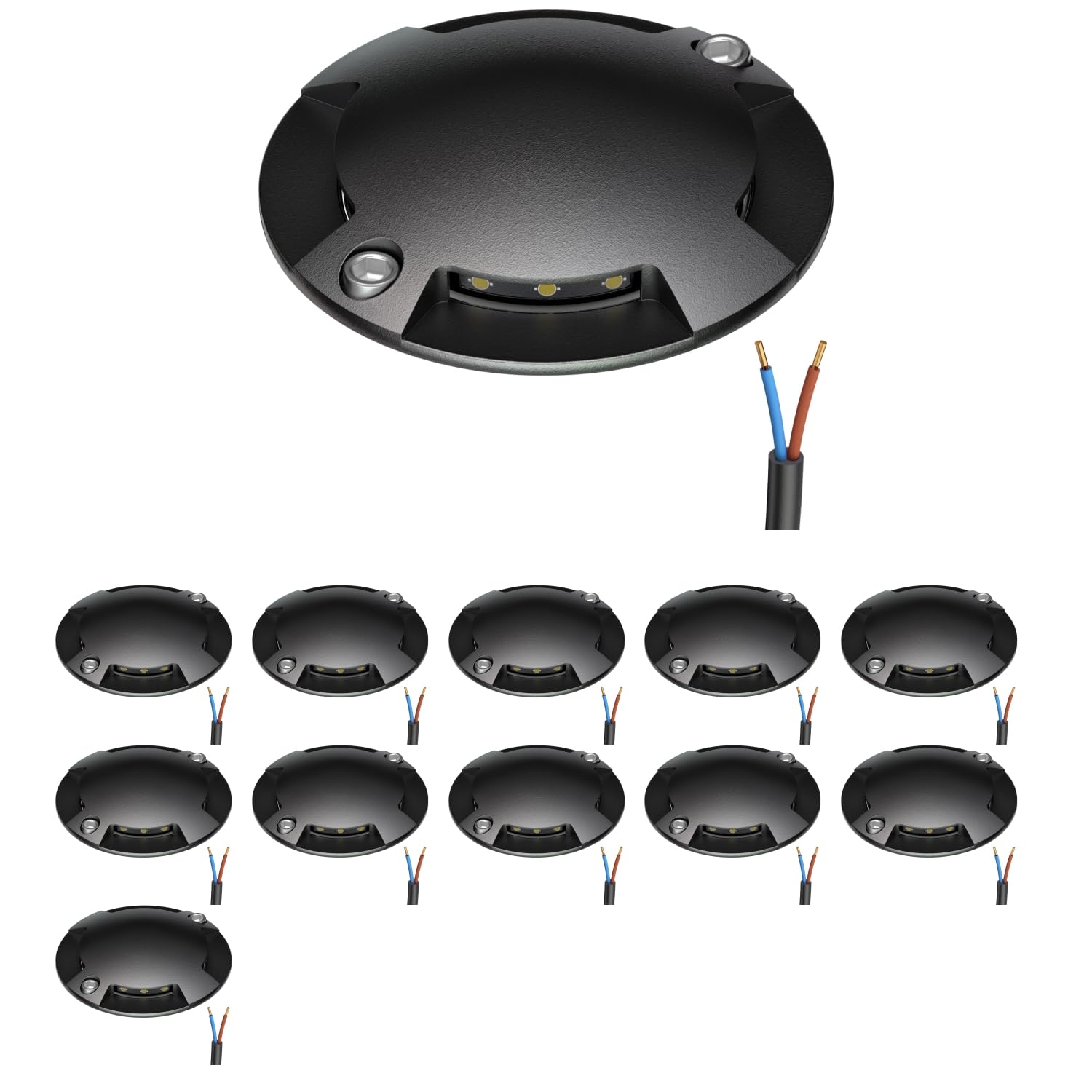 ledscom.de Lámpara de suelo con 12 LED, señalización de recorrido RUNDA para exteriores, IP67, 4 luces, negra, redonda, 70 mm de diámetro, blanco cálido