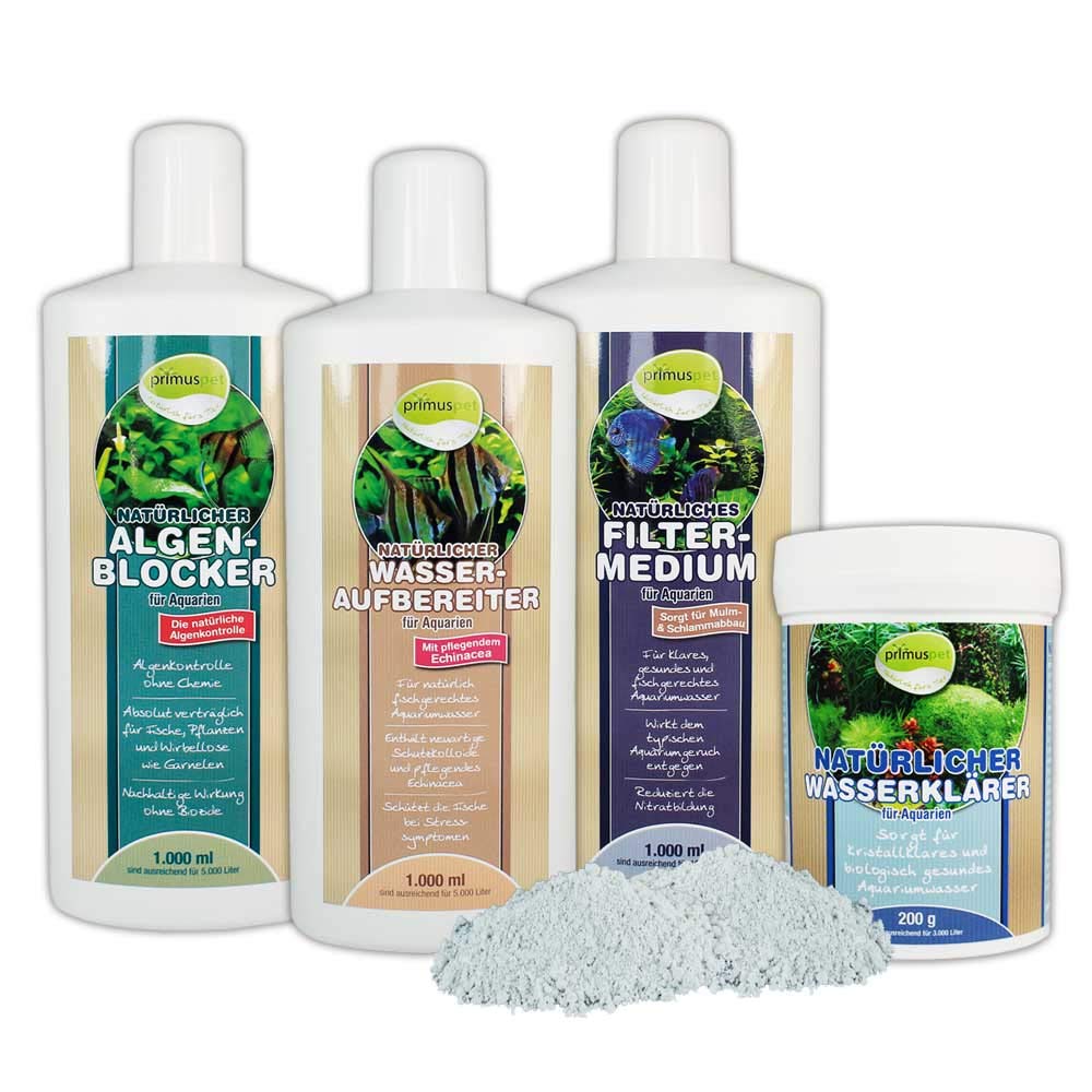 Natürliches Aquarium Wasserwechsel 4er Pflege-Sparset (4er Sparset: Wasseraufbereiter, Algen-Blocker, Filtermedium + GRATIS Aquarium Wasserklärer), Set-Größe:Set 1000