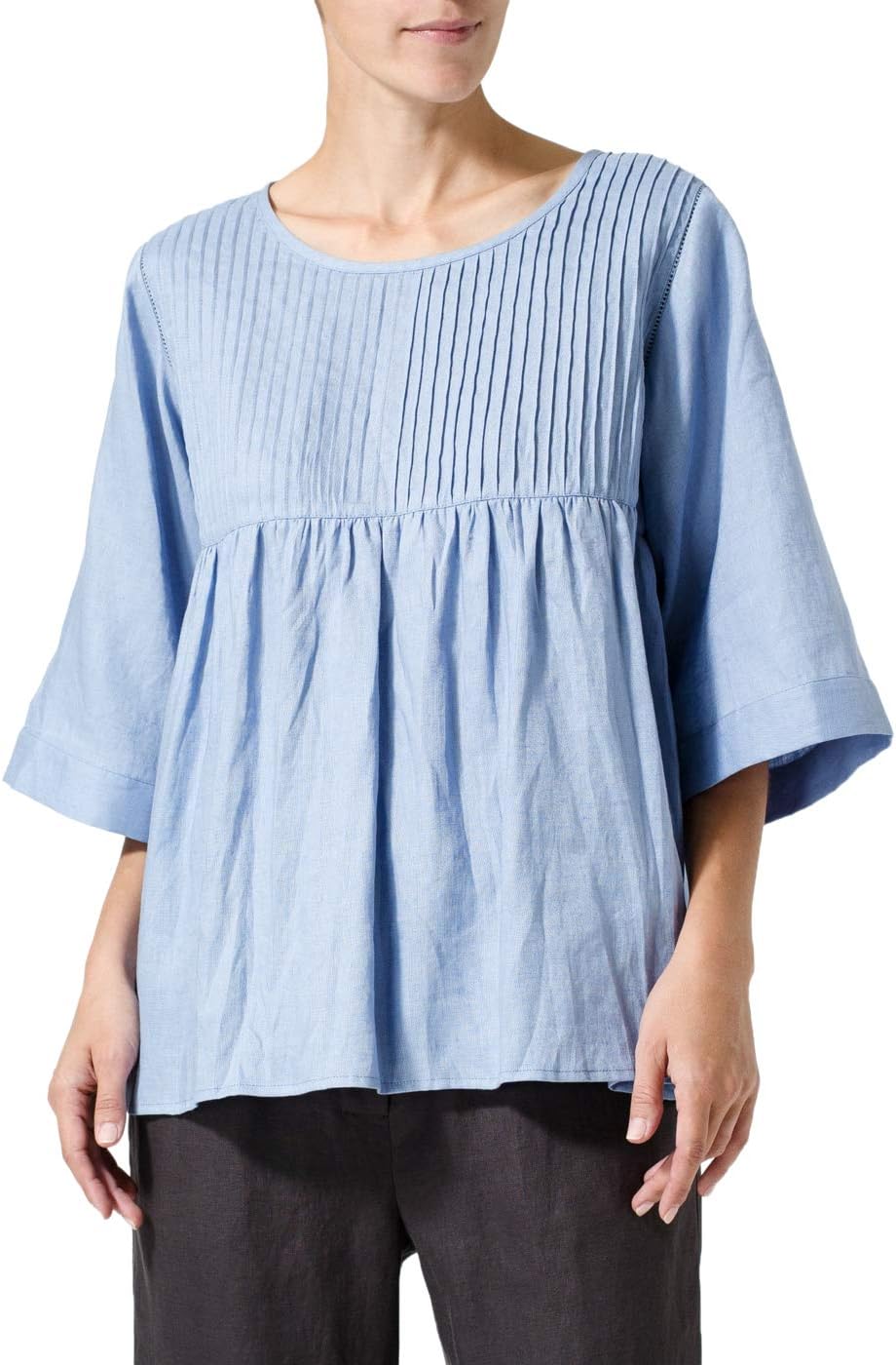VIVID Linen Hand Made Pleated Bell Sleeve Blouse