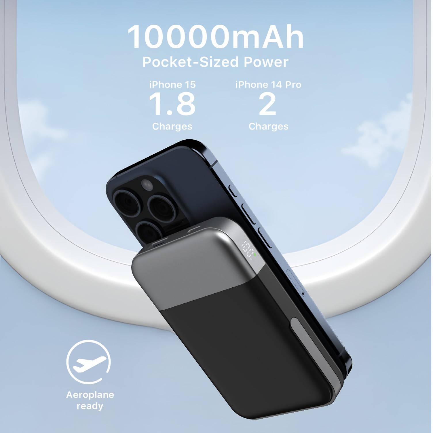 JUOVI Power Bank Magnético, 10000 mAh Cargador Portátil, Batería Externa Carga Rápida PD 22,5 W con Pantalla LED, Bateria Externa Inalámbrica con Soporte para iPhone 15/14/13/12 Series
