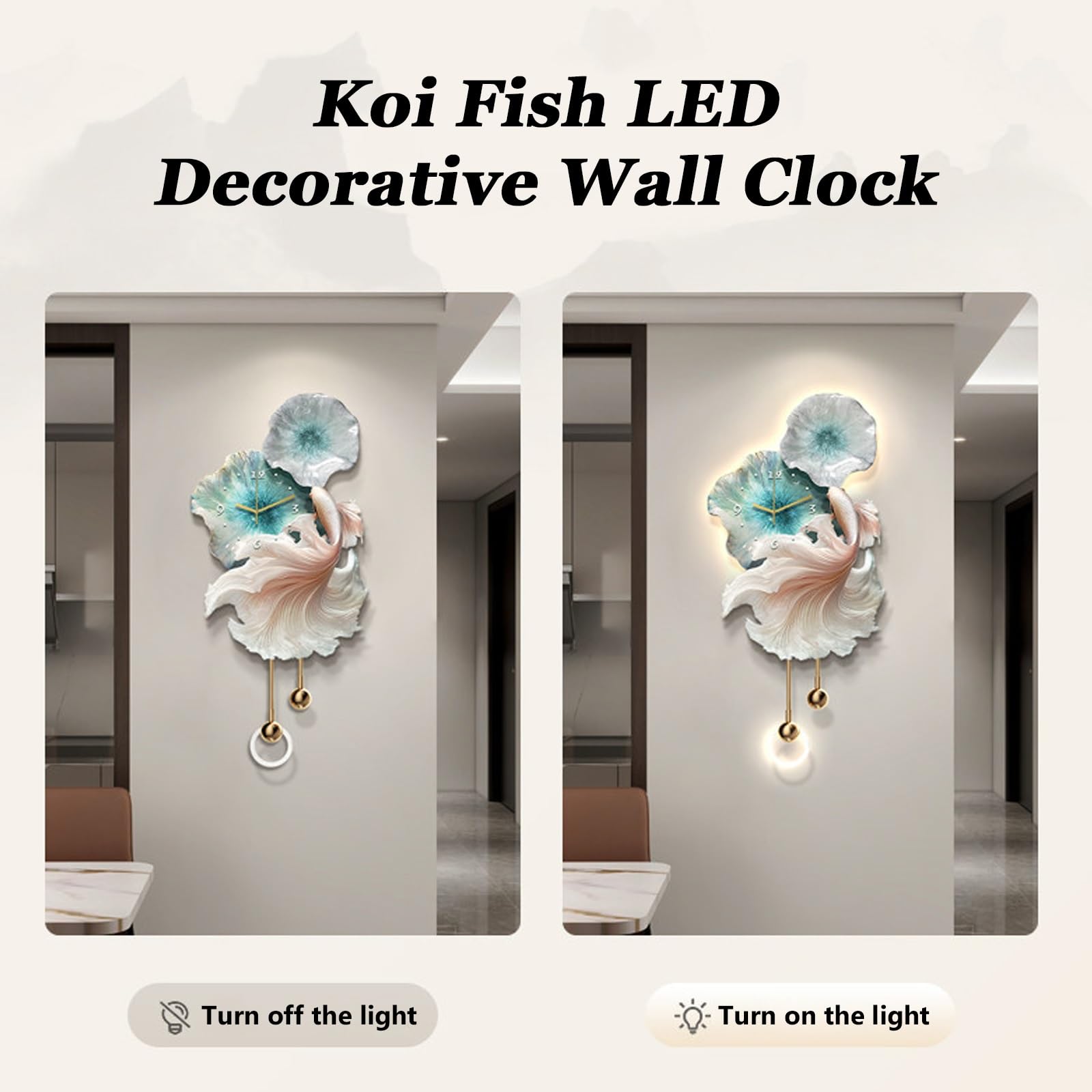 Grande Orologio da Parete Decorativo 3D con Luce LED, Scultura Creativa a Forma di Pesce Koi, Orologio Silenzioso da Parete, per Soggiorno, Camera da Letto, Cucina, Ufficio (Blu, 40 * 84 cm)