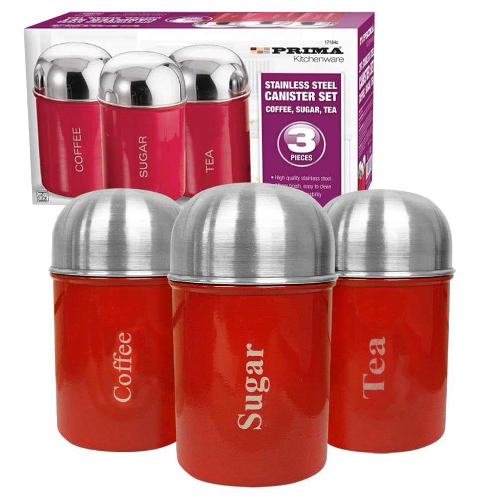 Bargains-Galore Red 3Pc Canister Set - Stainless Steel, Coffee Tea Sugar Jars With Lids | Multi Purpose Canisters Storage Organisers Kitchen Food Storing Beans, Pasta, Dry Foods (Red)
